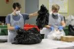 students wearing protective masks and gloves sort through trash