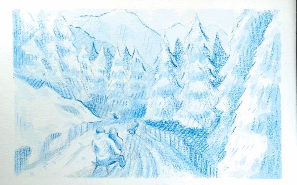 冬季场景的水彩艺术，人们在雪林中滑雪橇